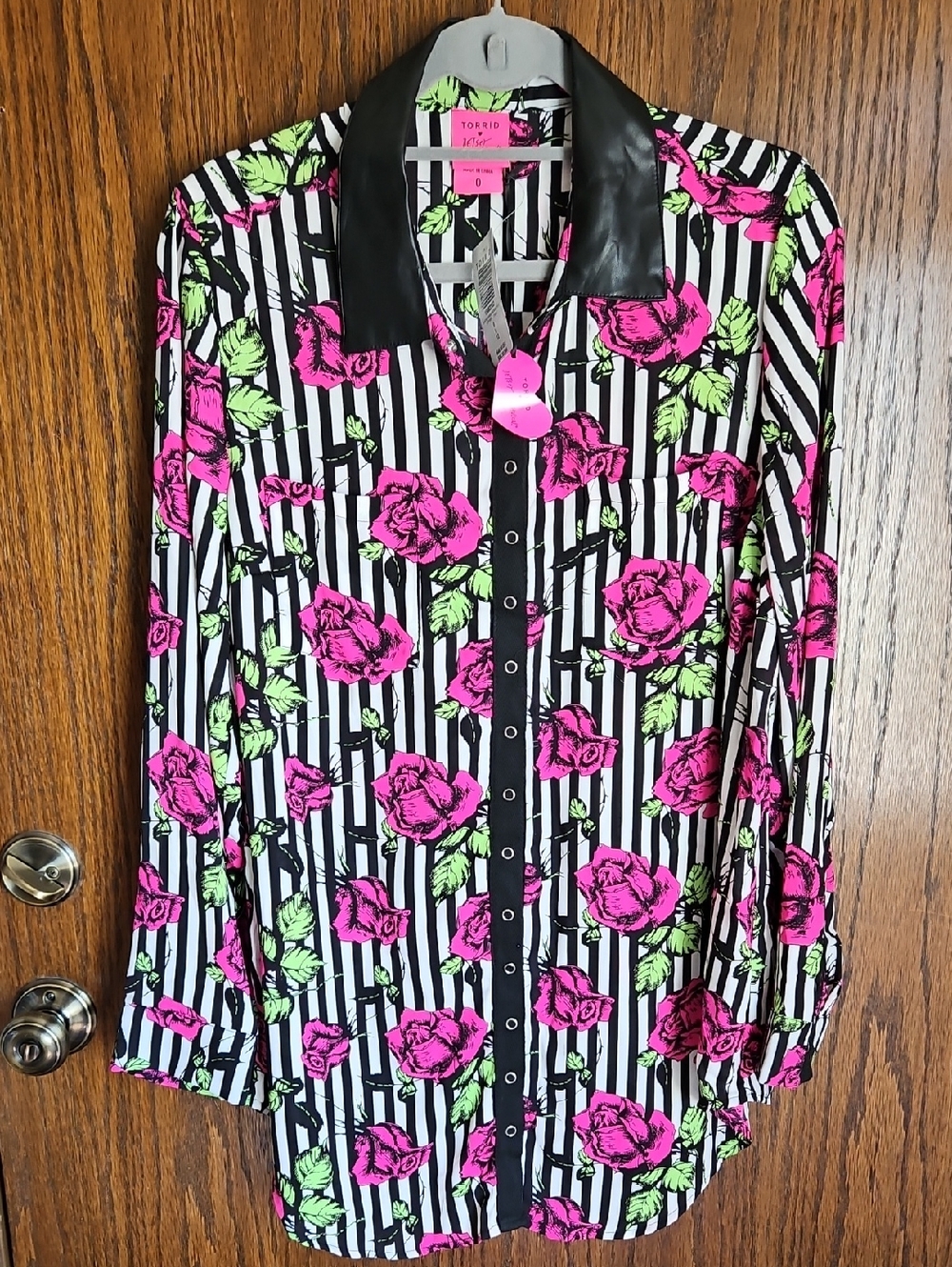 Betsey Johnson Torrid Black & White Striped Blouse with Neon Pink Roses